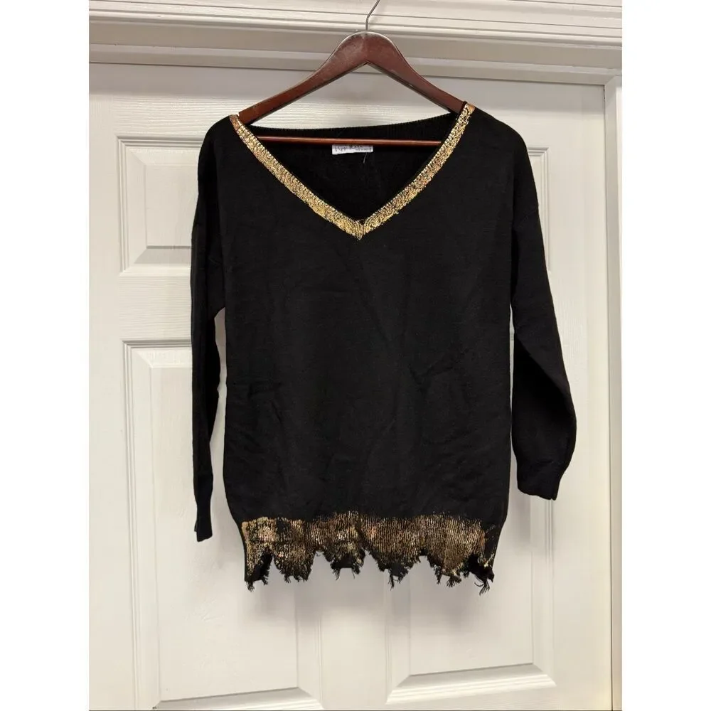 Gigi Moda Italy Black Gold Paint Frayed Hem Depo V-Beck Sweater sz XL NWOT